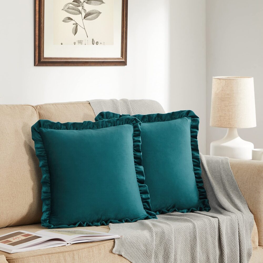 5345 Teal 20x20 Luxury Pillow Covers, Set of 2 Decorative Velvet Ruffle